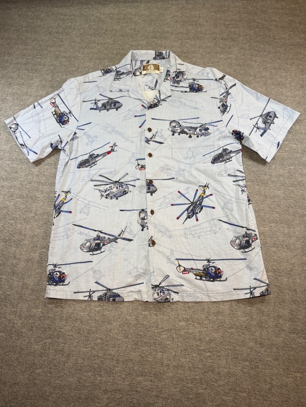 Kalaheo Made in USA Hawaiian Aloha Shirt Mens L Helicopter Print Cotton Rayon